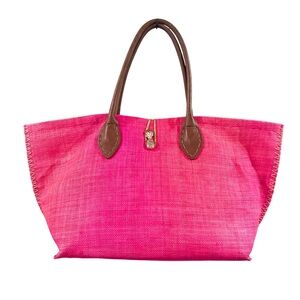 Lilly Pulitzer for Target Pink Woven Tote Bag with Brown Leather Handles